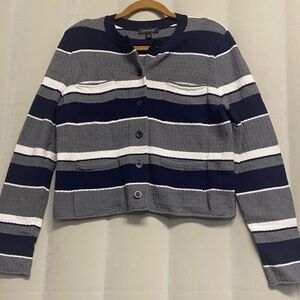 Ann Taylor Jacket Cardigan Large Button Front Striped Pockets Shoulder Pads